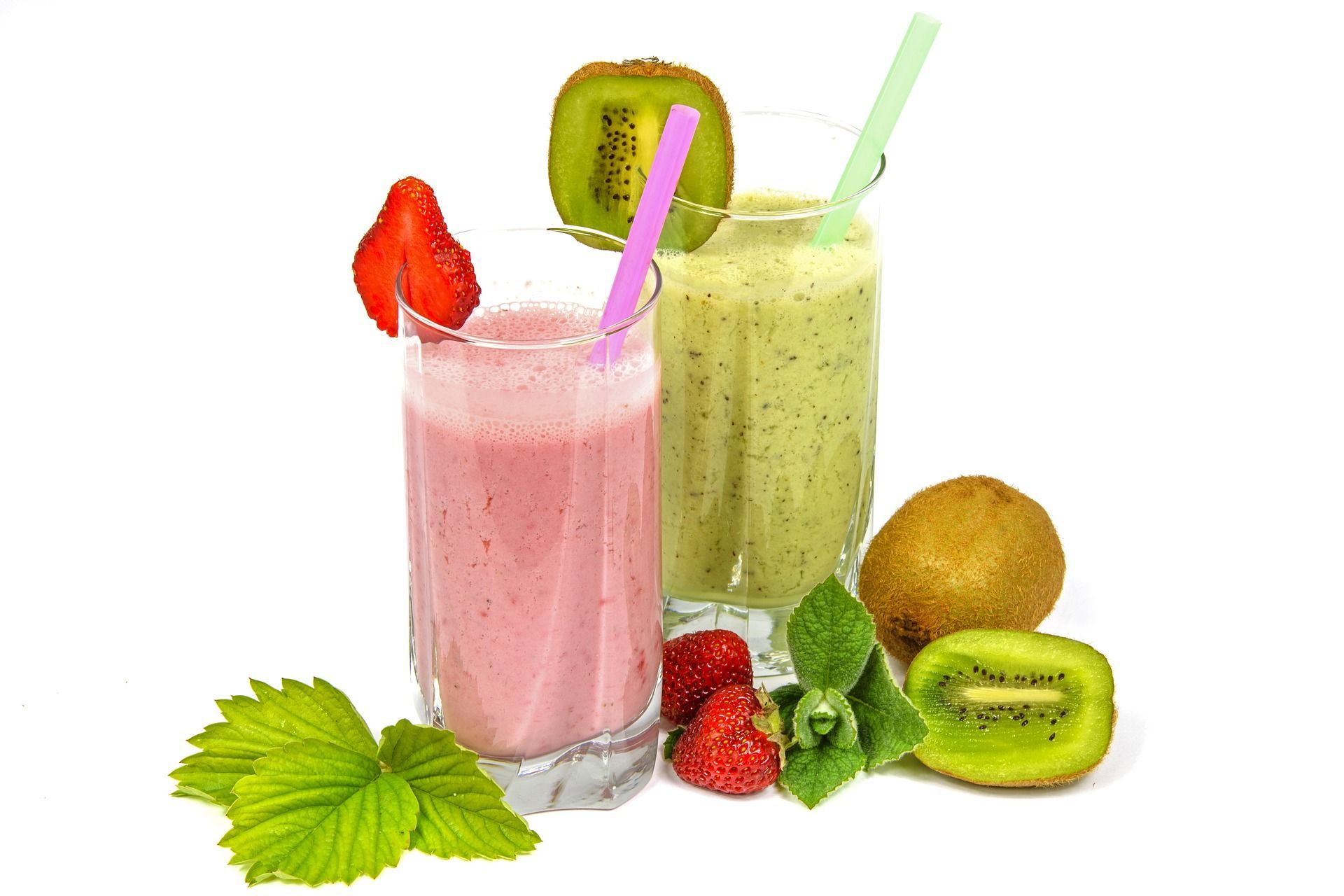 Two smoothies with strawberries and kiwi on a white background