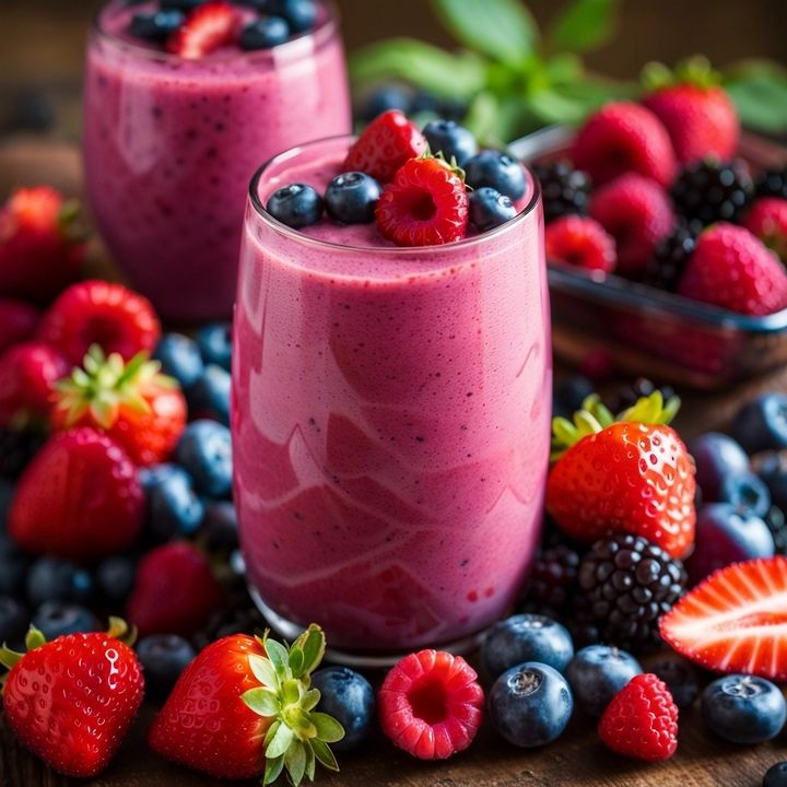 A pink smoothie with strawberries and blueberries on top