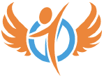 A logo of a person with wings on a white background.