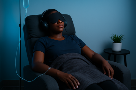 Woman in a recliner with headphones and eye mask, receiving therapy. Indoor setting.