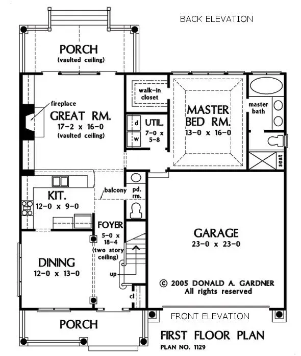First floor plan of a house with porch, great room, kitchen, dining, master bed room, and a garage.
