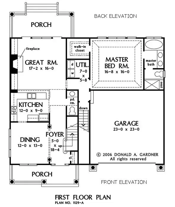 First-floor plan of a house with a great room, kitchen, dining area, master bedroom, and garage.