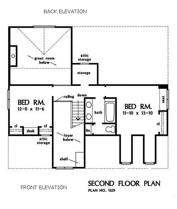 Second-floor plan of a house, showing bedrooms, bathrooms, and storage areas. Labeled with dimensions.