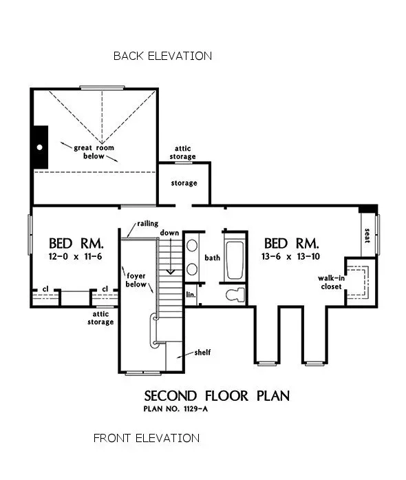 Second floor plan of a house, with bedrooms, bathrooms, and storage areas labeled.