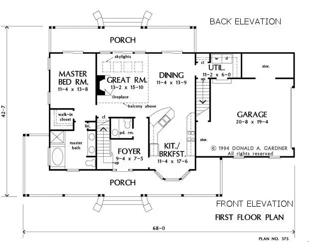 Floor plan of a house with a garage, porch, bedrooms, and kitchen.