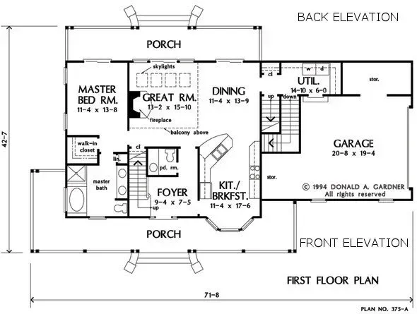 First floor plan of a house with porch, garage, kitchen/breakfast, dining, and great room.