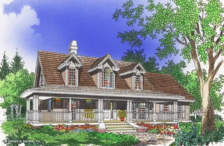 Illustration of a cottage-style home with a long porch, dormers, and lush landscaping, blue sky.