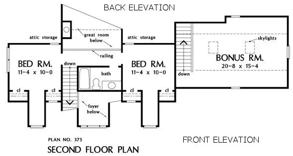 Second-floor plan of a house with two bedrooms, a bonus room, and back and front elevation views.