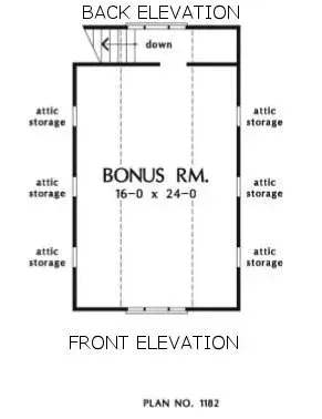 Floor plan of a bonus room with attic storage. The room is 16x24 feet with front and back elevation labeled.