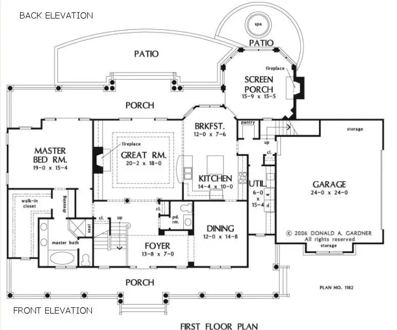 Floor plan of a house with rooms labeled: master bedroom, great room, kitchen, dining room, garage, and porches.