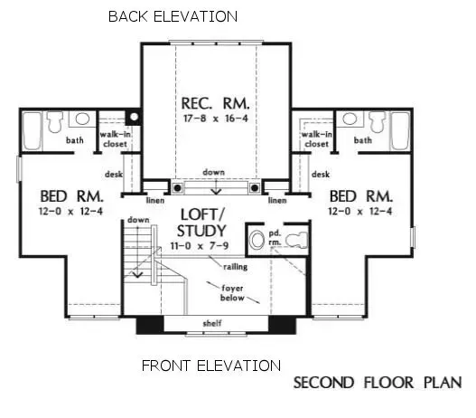 Second-floor plan of a house with a loft, rec room, and two bedrooms.