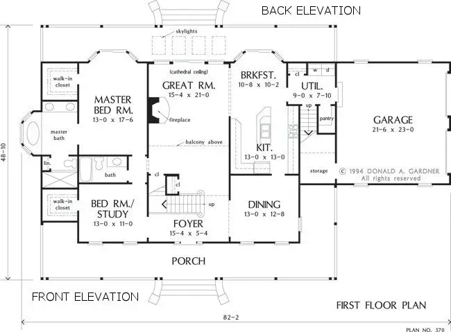 Floor plan of a house with rooms labeled: master bedroom, great room, kitchen, garage, dining, and foyer.