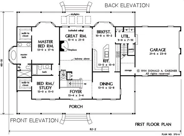 Floor plan of a house with a garage, various rooms, and front/back elevations labeled.