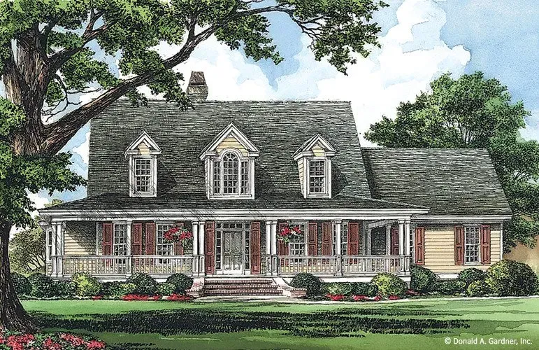 A watercolor rendering of a beige two-story house with a wraparound porch and dormer windows.