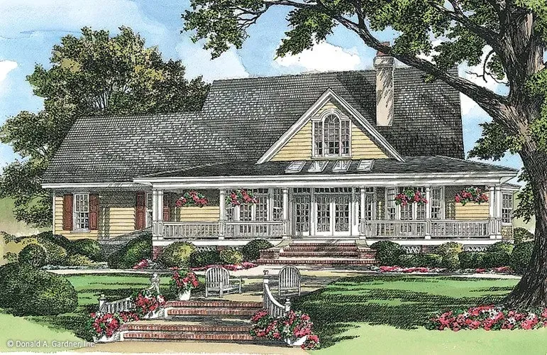 Yellow Craftsman-style house with a wraparound porch, red brick steps, and a large tree in the yard.