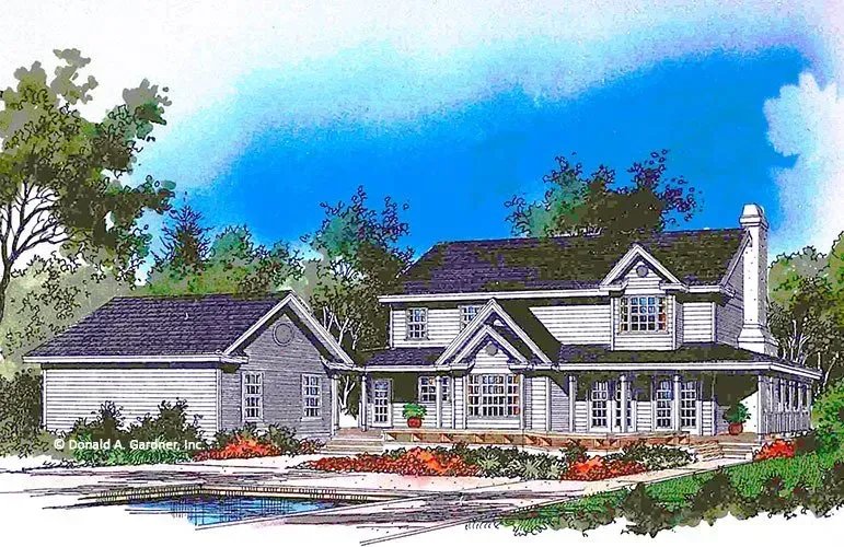 Two-story house with wrap-around porch and attached garage on a sunny day, with landscaping.