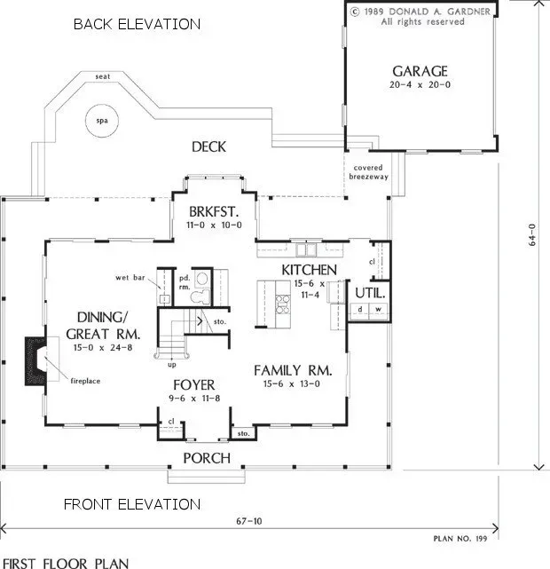 Floor plan of a house with a garage, deck, porch, kitchen, dining, and family room.