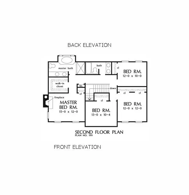 Second-floor plan of a house with master bedroom, two other bedrooms, and a bathroom.