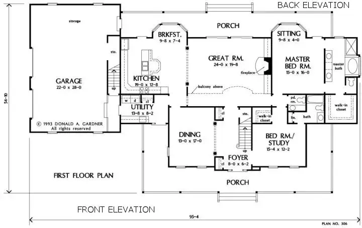 Floor plan of a house: Garage, kitchen, dining, living room, bedrooms, porch, and utility room.