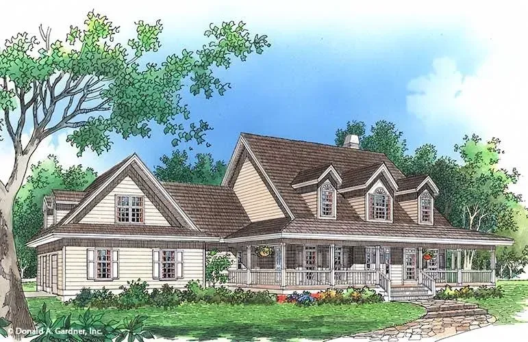Farmhouse with porch, tan siding, brown roof, dormers, and green lawn.