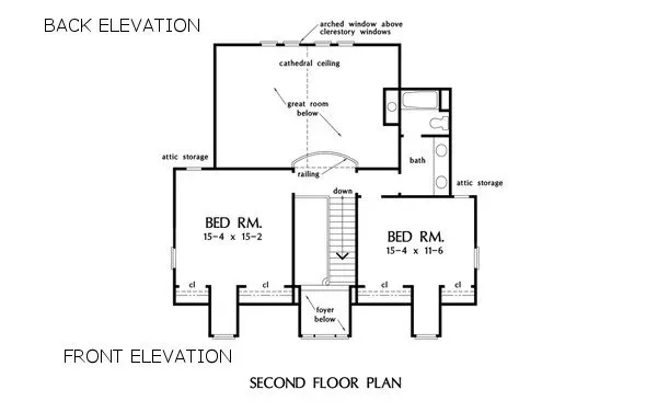 Second-floor plan of a house showing bedrooms, bathroom, and great room with a cathedral ceiling and attic storage.