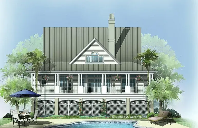 Coastal home with pool and veranda. Gray roof, white trim, arched ground level. Palm trees.