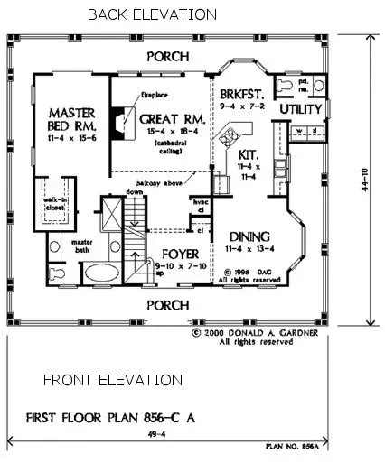 Floor plan of a house, with rooms labeled: master bed, great room, kitchen, dining, foyer, porch and utility.