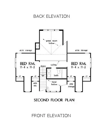 Second floor house plan with bedroom and bathroom layout.