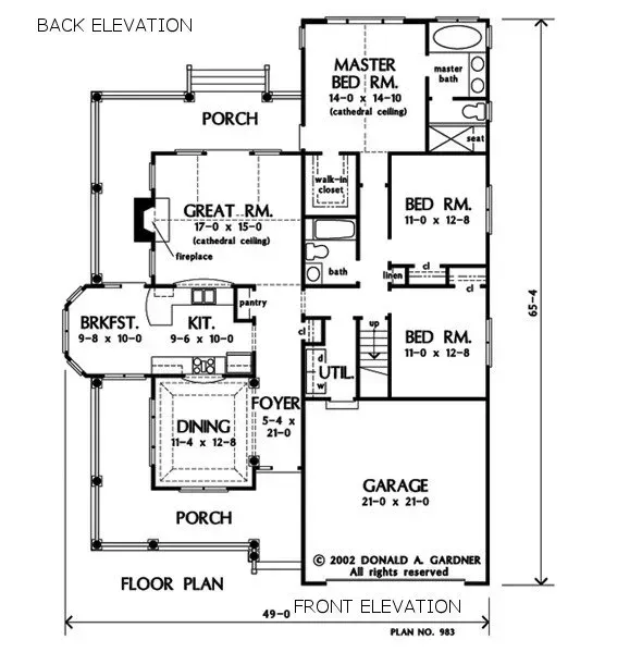 Floor plan of a house with a garage, porch, kitchen, and multiple bedrooms.