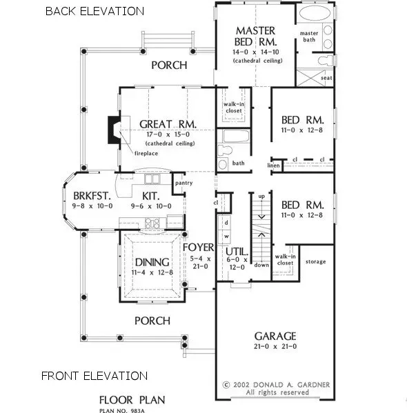 Floor plan of a house with a garage, porch, master bedroom, kitchen, and other rooms.