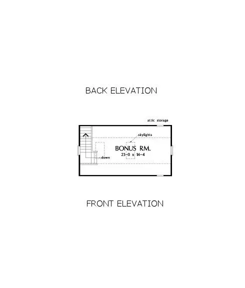 Floor plan: rectangular bonus room, back and front elevations labeled. Stairwell at left.