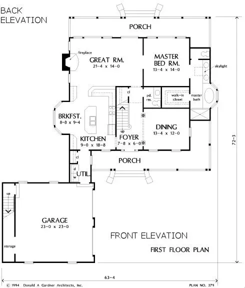 Floor plan of a house, labeled with rooms, including a garage, kitchen, and porch.