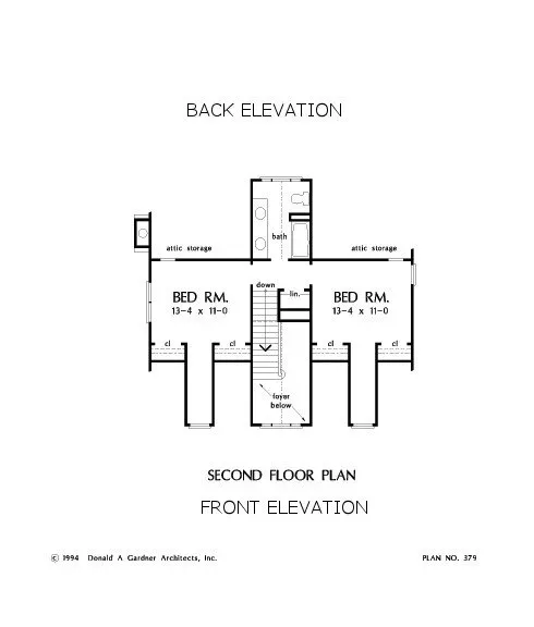 Second-floor plan of a house showing two bedrooms, a bathroom, and stairs; front elevation view.