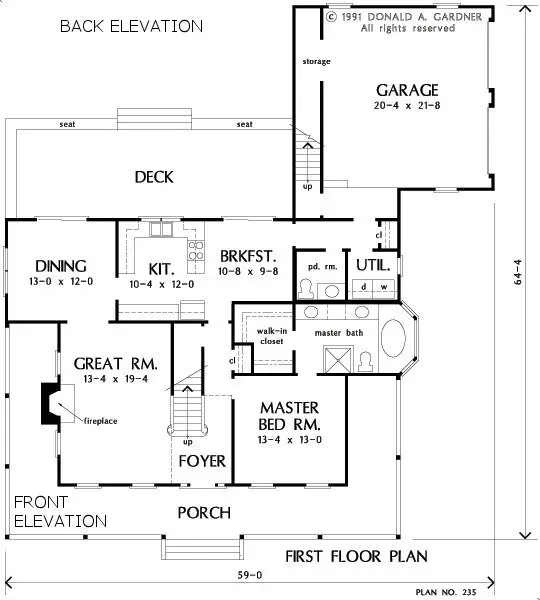 Floor plan of a house, including the garage, dining, kitchen, and bedrooms.