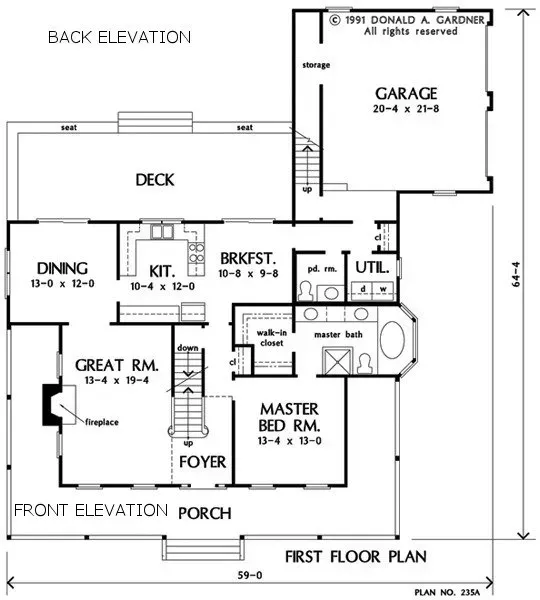 Floor plan of a house, with garage, deck, kitchen, dining room, and master bedroom.