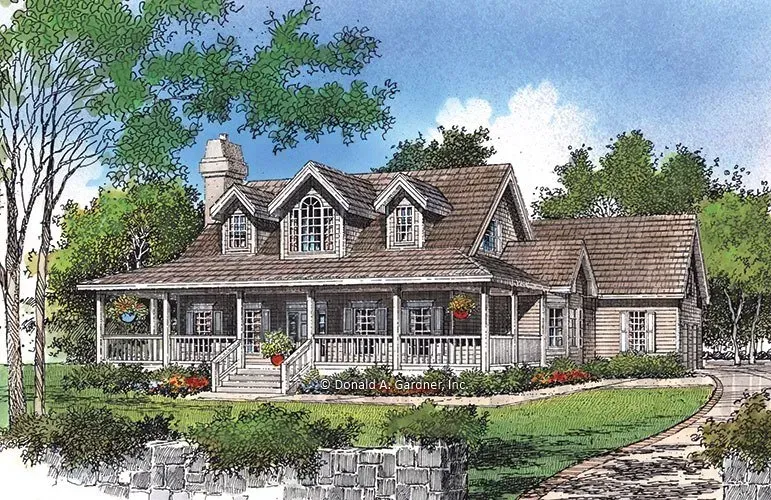 Cottage-style house with porch, dormers, and landscaping; set in a sunny environment.