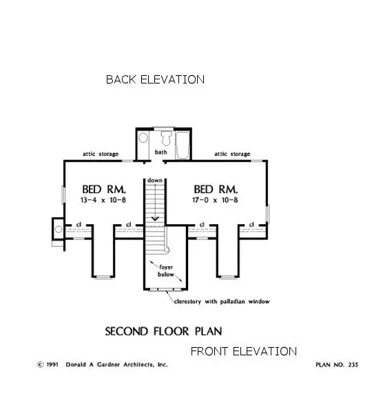 Second floor house plan with bedroom and bath, labeled back and front elevation.