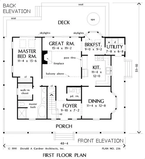Floor plan of a house with rooms labeled, including a deck, porch, and front and back elevations.