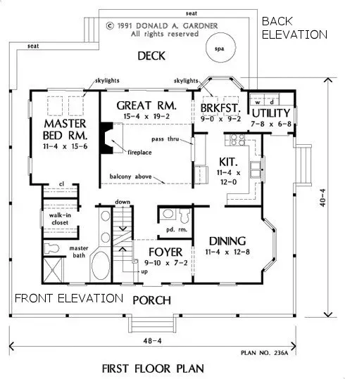 Floor plan of a house showing master bedroom, great room, kitchen, dining area, and deck.