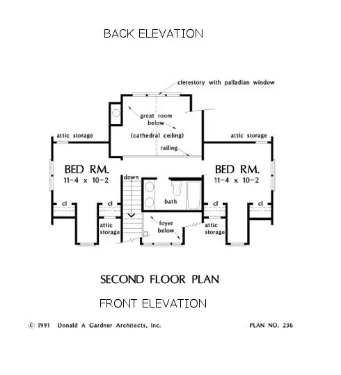 Second-floor plan of a house with two bedrooms, a bathroom, and a great room.