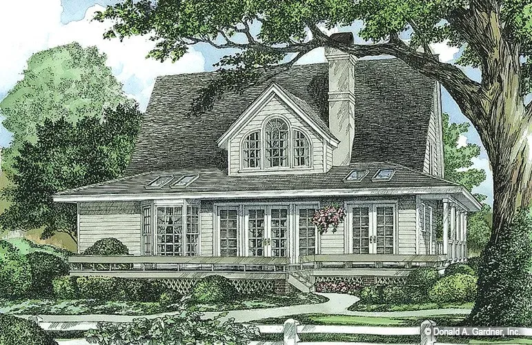 Watercolor rendering of a light-colored two-story house with a porch and a large tree.