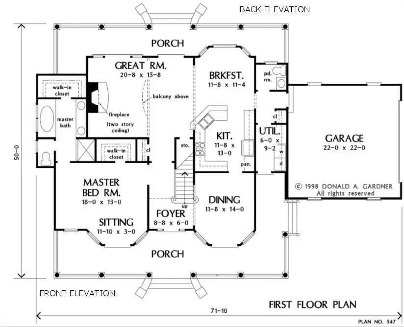 Floor plan of a house with various rooms, including a garage, kitchen, and bedrooms.