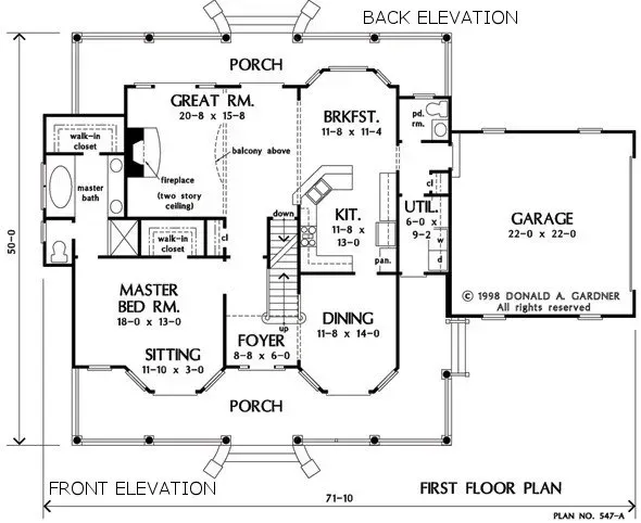 First-floor house plan, including great room, kitchen, master bedroom, garage, and porches.