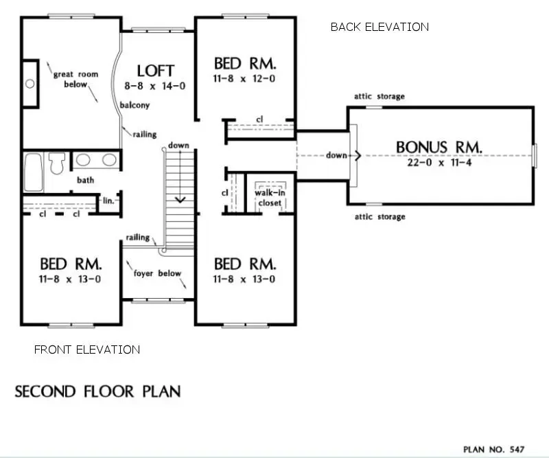Second-floor plan of a house with bedrooms, loft, bonus room, and stairs.