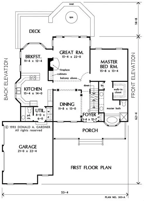 Floor plan of a house with garage, kitchen, living room, bedrooms, and deck.