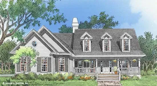 White house with gray roof and porch, three dormer windows, and a chimney.