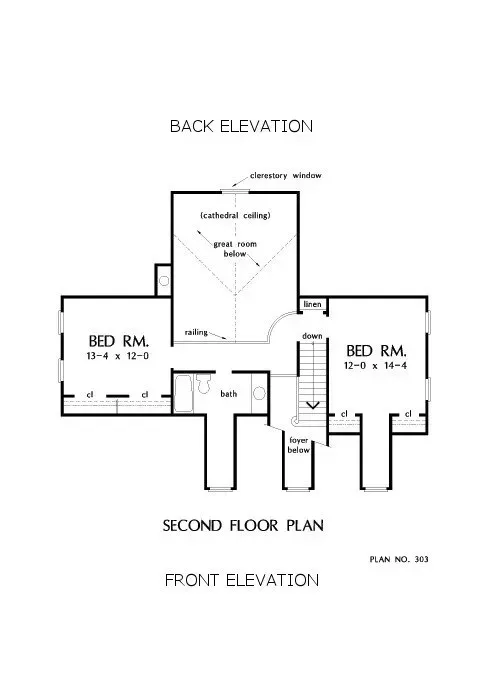 Second floor plan of a house with two bedrooms, a bathroom, and a staircase leading to an attic.