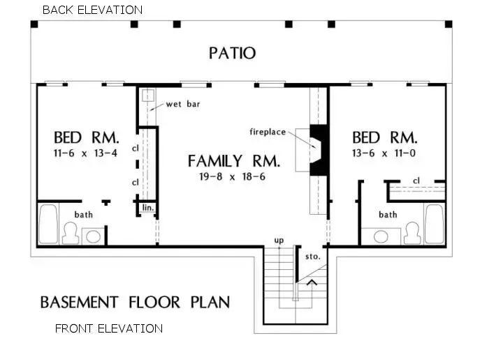 Basement floor plan with patio, two bedrooms, a family room, a wet bar, and a staircase.