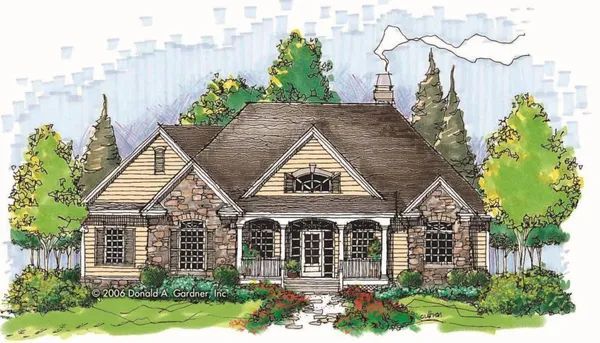 Cottage-style house with stone and wood exterior, porch, and landscaping, set against trees and sky.