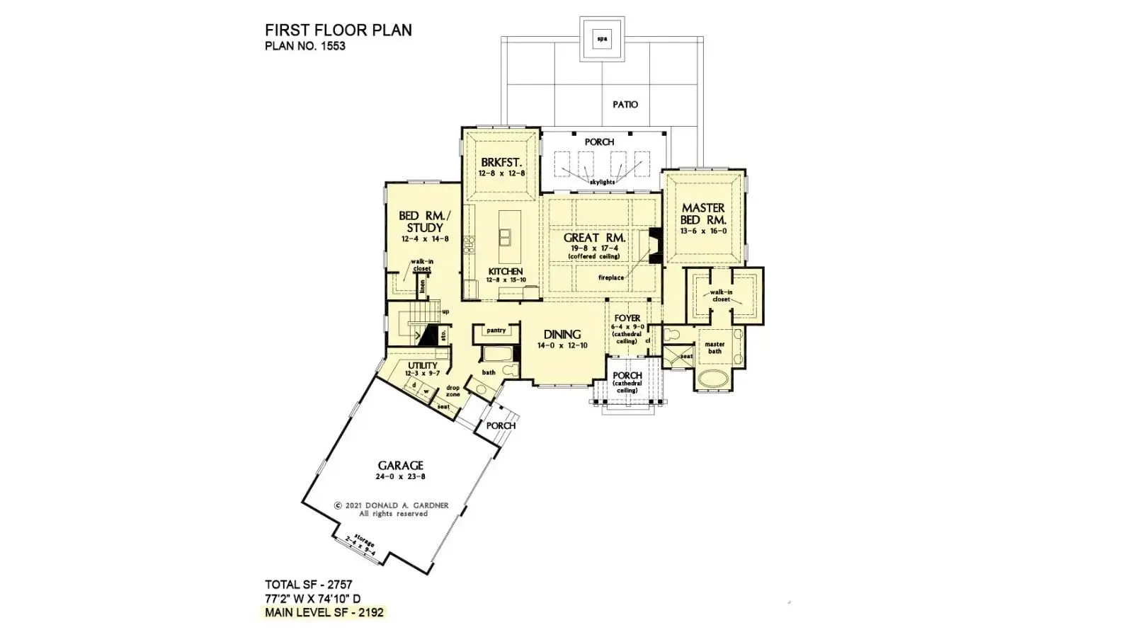 Floor plan of a house with garage. Rooms labeled: kitchen, living, bedrooms, and bathrooms.